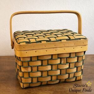 Vintage Woven Wood Sewing Basket Picnic Basket Hinged Lid Handle Green Trim